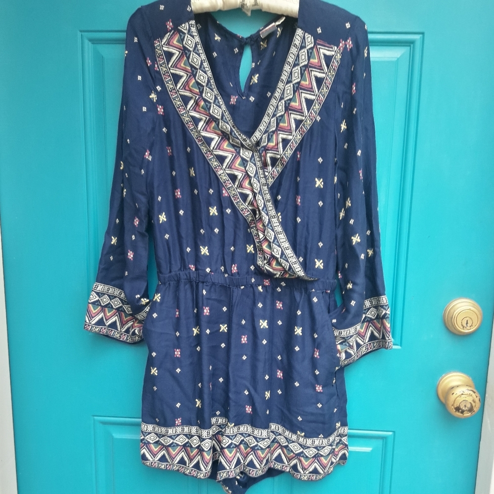 Shorts Jumpsuit Blue Romper Long Sleeves Shorts Rayon Blue Spring Summer XL